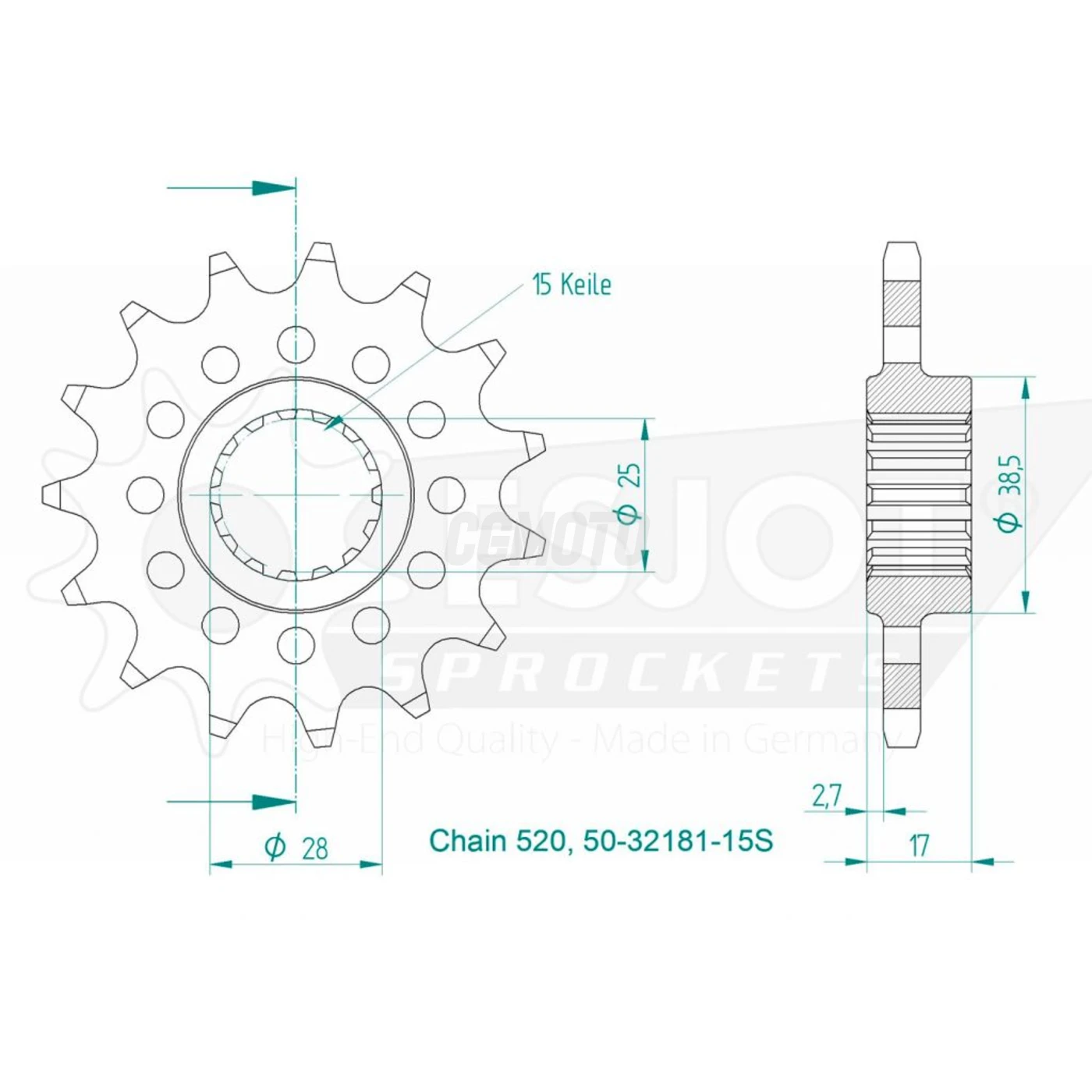 Pignon 15 dents, Couronne 43 dents, Chaine Japon pas 520 Oring 100 maillons